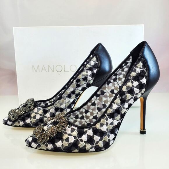NIB$1095 Manolo Blahnik Hangisi 105 Satin Lace Embellished Jewel Pumps 36.5 6.5 - Picture 12 of 15